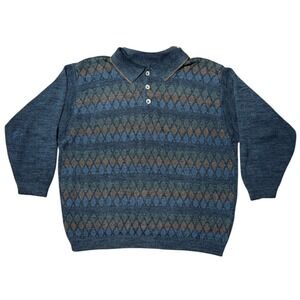 Vintage 90s Casa Moda Per Uomo Geometric Diamond Knit Polo Button Collar Sweater
